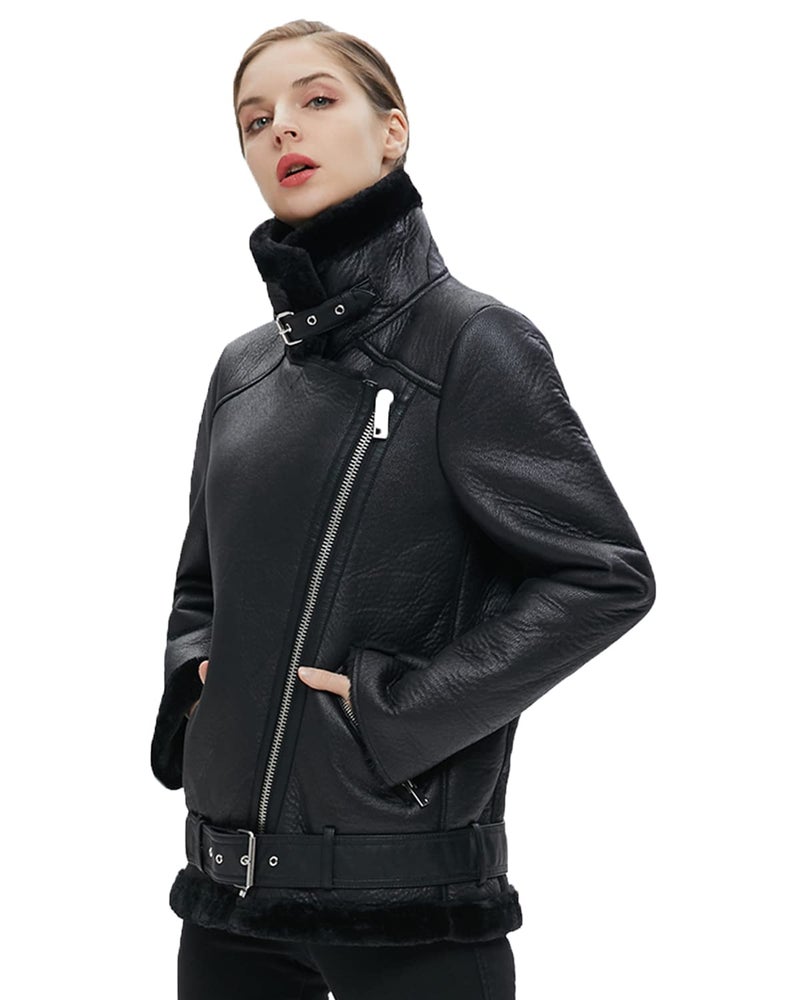 LY VAREY LIN Women's Faux Shearing Moto Jacket Thick Lined Parka Winter Shearling Coat Leather Jacket (M, Black) - Image 3